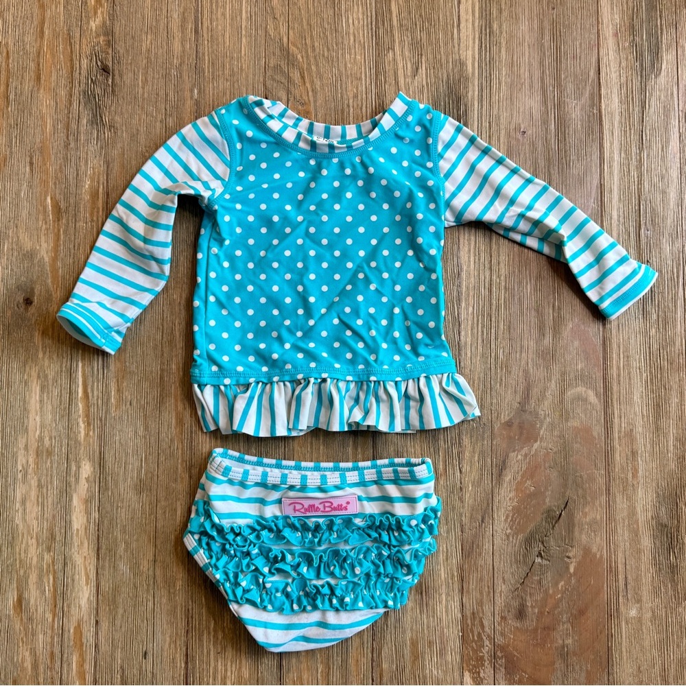 Ruffle Butts Aqua Polka Dot and Stripe Swim Suit Rashguard Set 6-12M